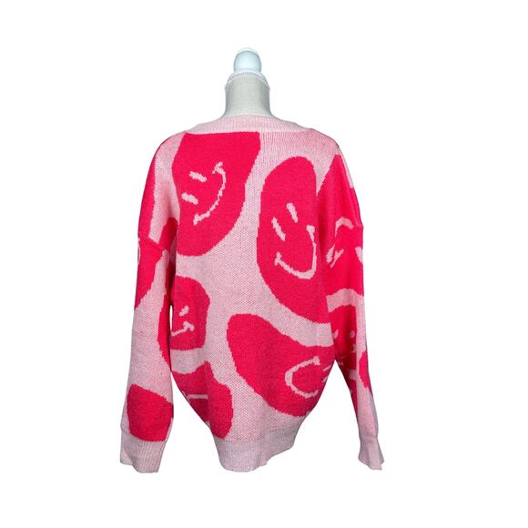 Altar’d State Sweater Womens Medium Pink Smiley Face Y2K Oversized Crewneck LS - Picture 2 of 6